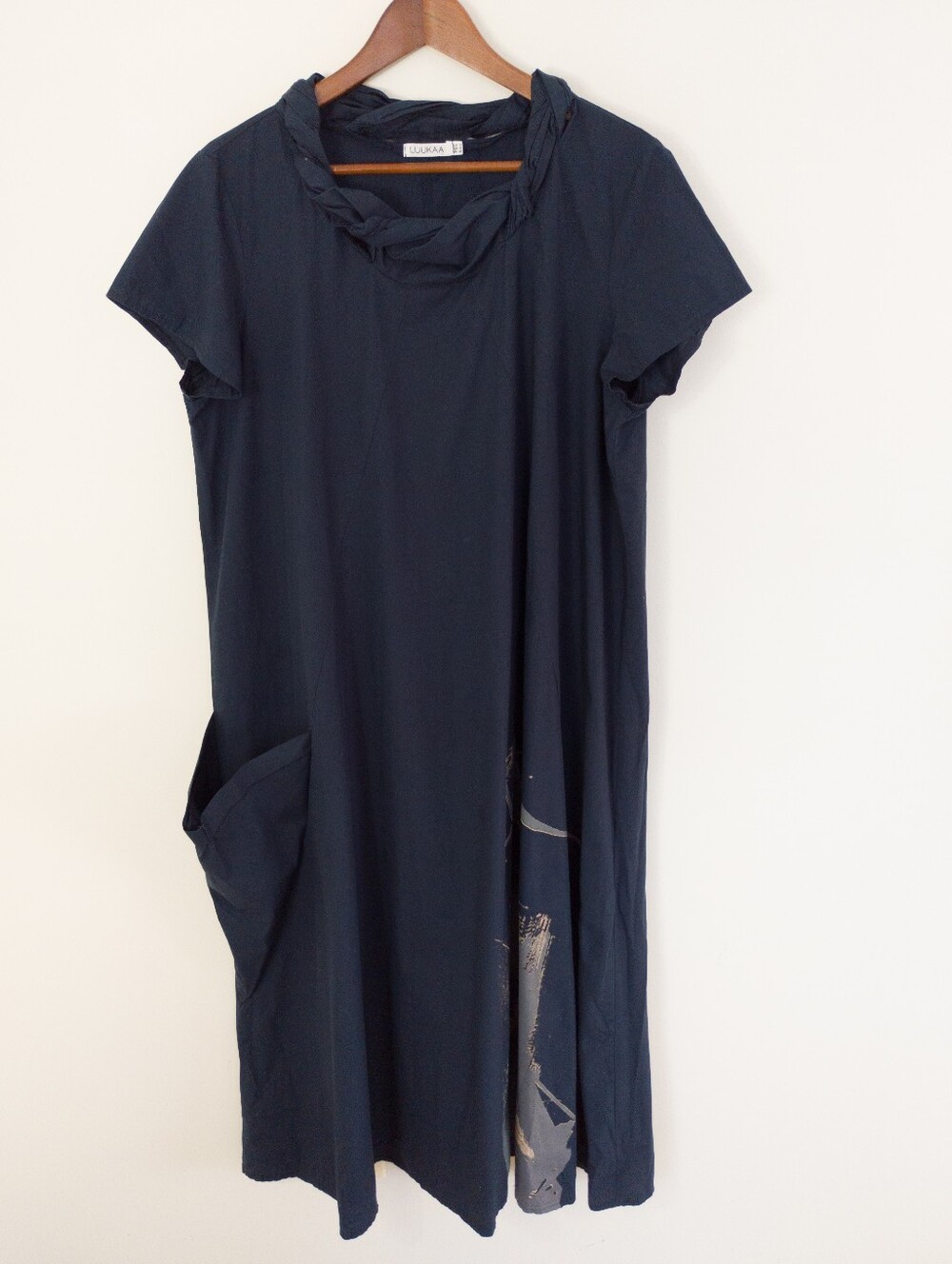 Luukaa Navy Short-Sleeve Midi Dress with Draped Neck